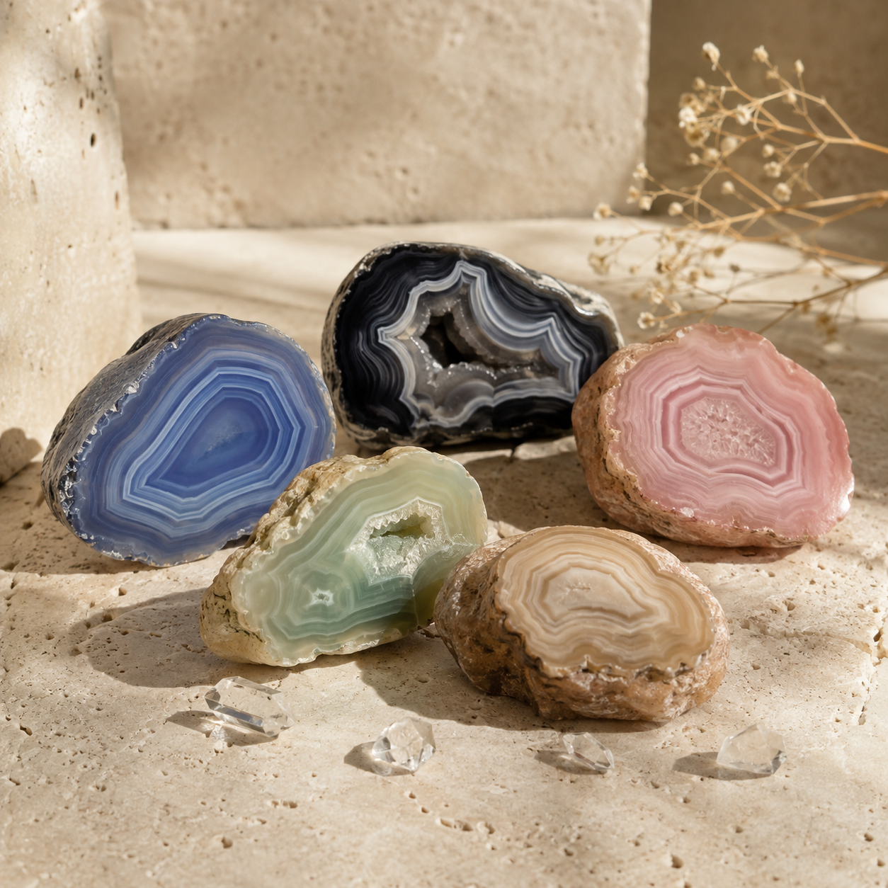 Agates naturelles bleue, noire, rose, verte et beige, avec bandes concentriques visibles, disposées sur un travertin beige avec petits cristaux de quartz dans une ambiance zen et lumineuse.