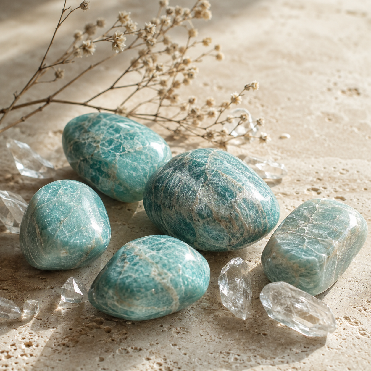Pierres d’amazonite bleu turquoise aux stries blanches, disposées sur un travertin beige avec cristaux de quartz et branche séchée, dans une ambiance zen et lumineuse.