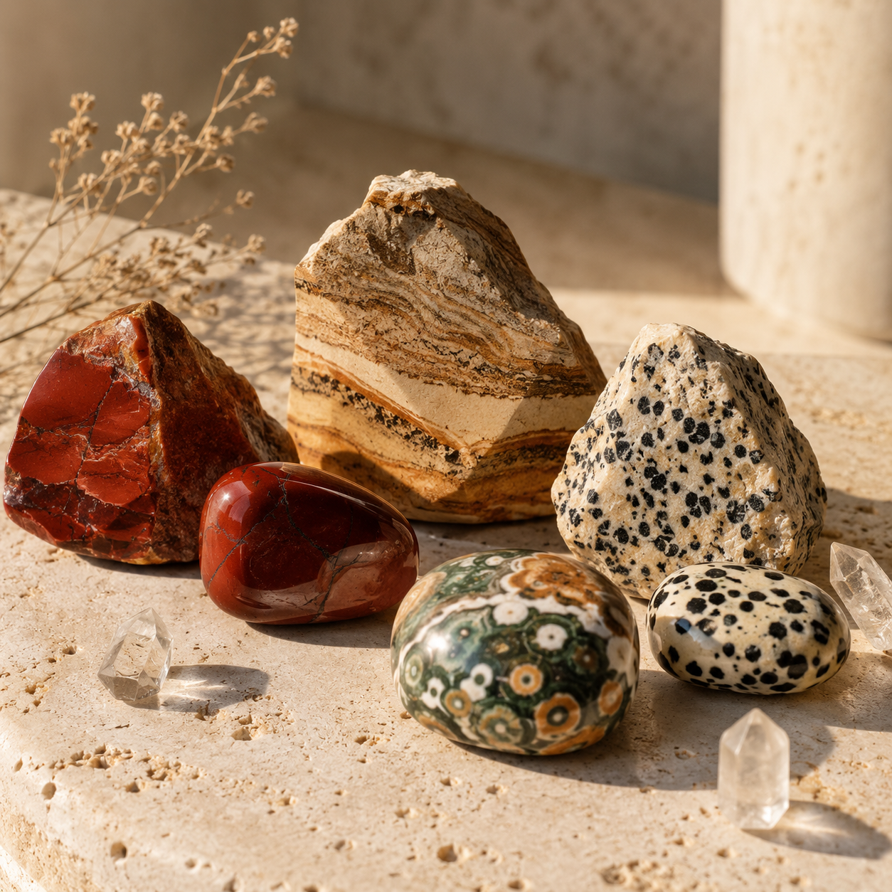 Variétés de jaspe rouge, paysage, dalmatien et océan disposées sur un travertin beige avec petits cristaux de quartz, dans une ambiance zen et lumineuse.