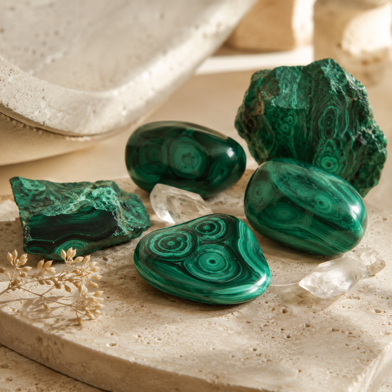 Pierres de malachite polies et brutes avec motifs concentriques verts, disposées sur un travertin beige avec cristaux de quartz dans une ambiance zen et lumineuse.