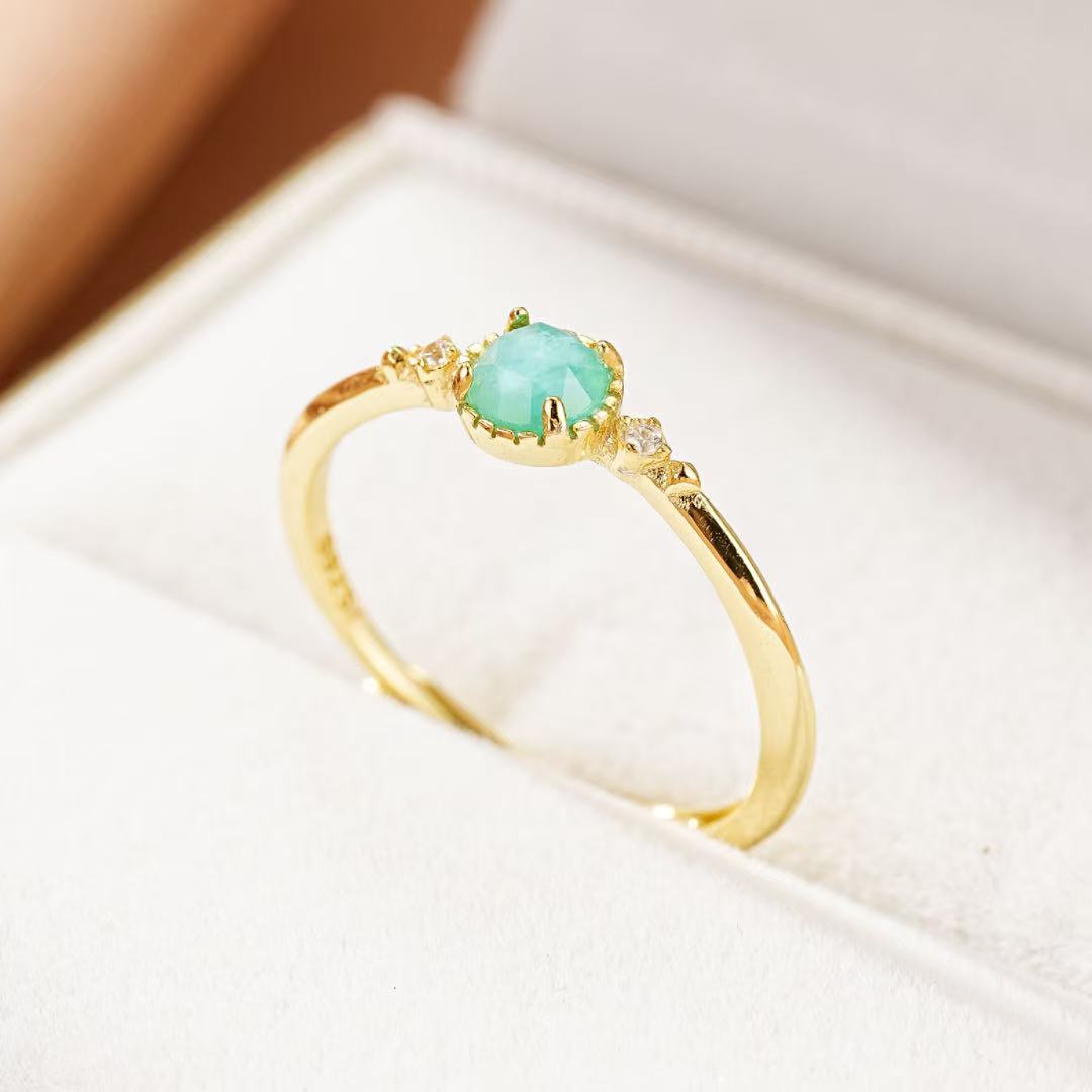 Bague Amazonite – Halo Radieux, Argent Plaqué Or