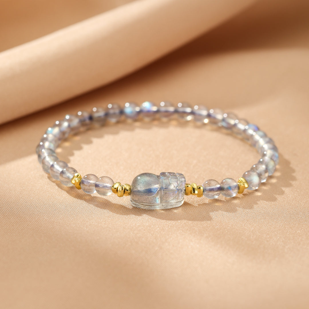 Bracelet Pi Xiu Pierre de Lune et Labradorite – Magie Nocturne, Argent Plaqué Or