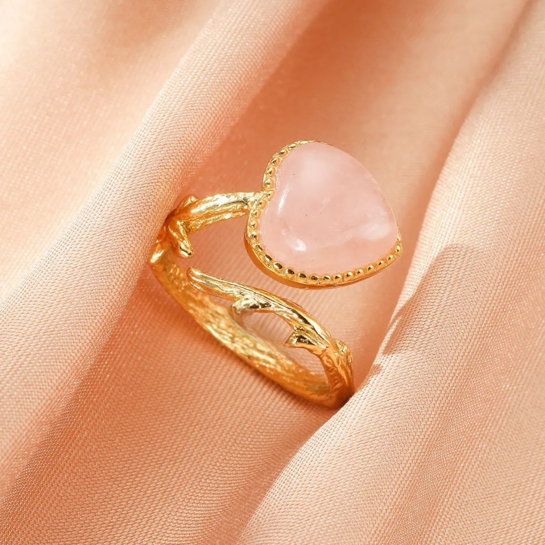 Bague Quartz Rose – Cœur Enchanteur, Argent Plaqué Or