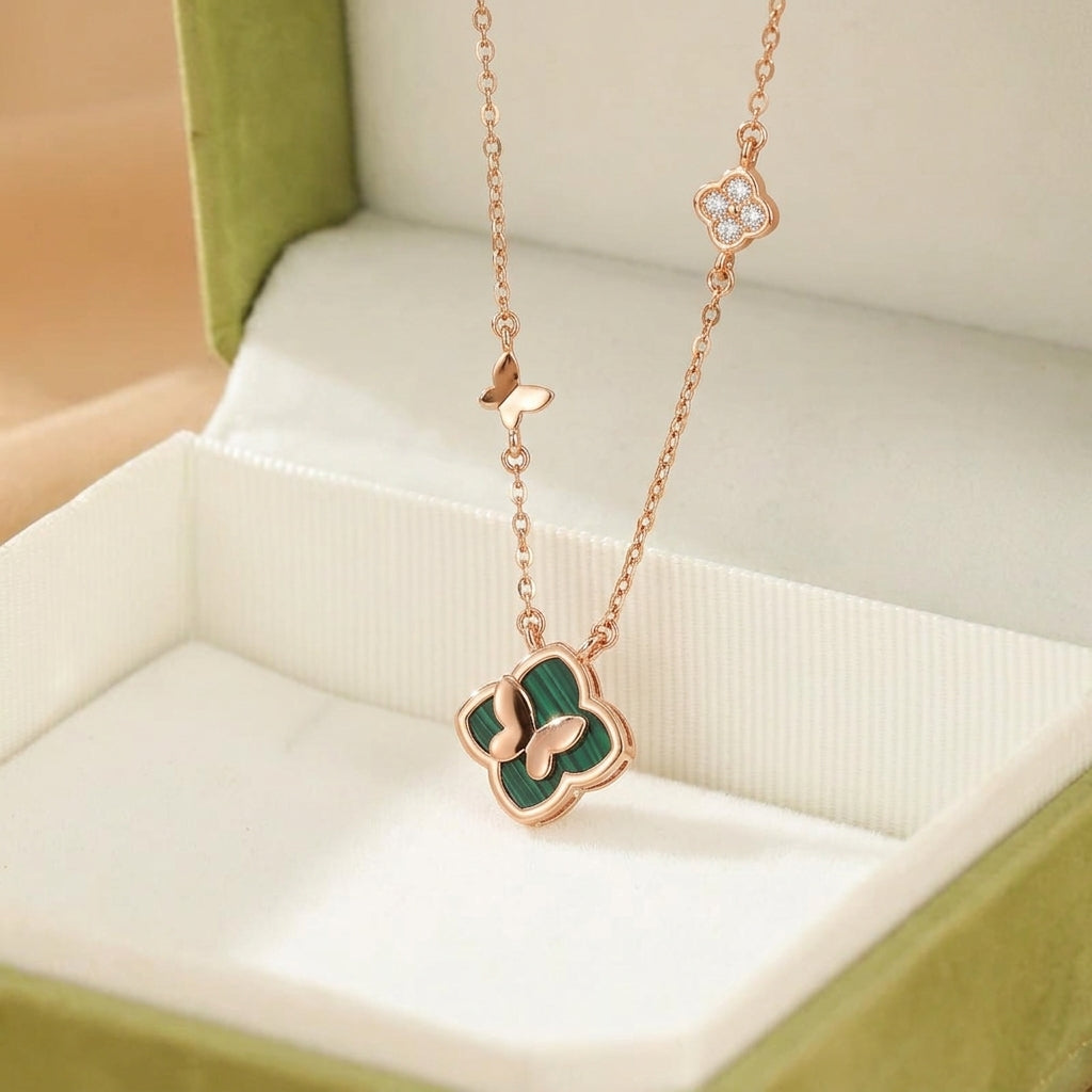 Collier Malachite – Grâce Ailée, Argent Plaqué Or Rose