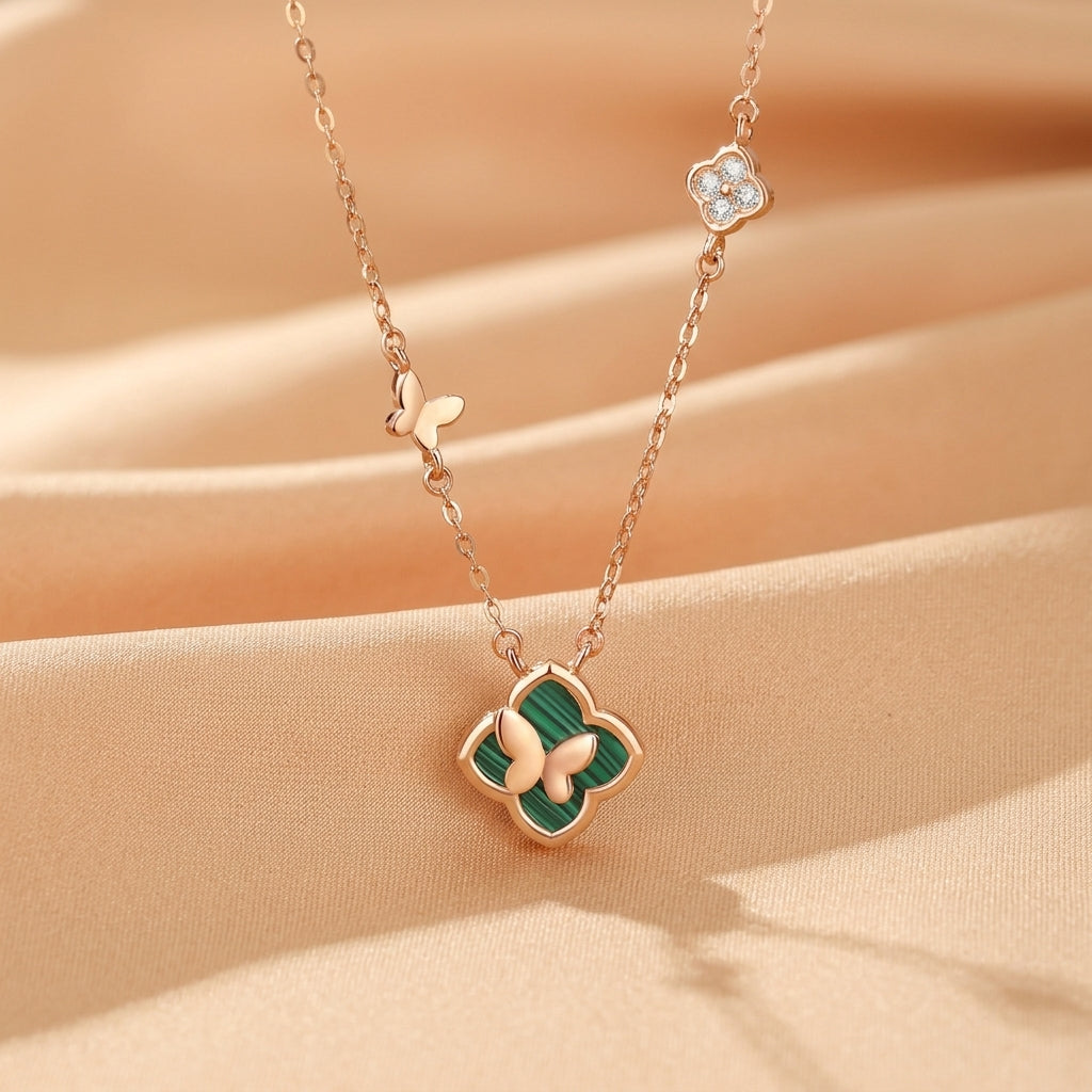 Collier Malachite – Grâce Ailée, Argent Plaqué Or Rose