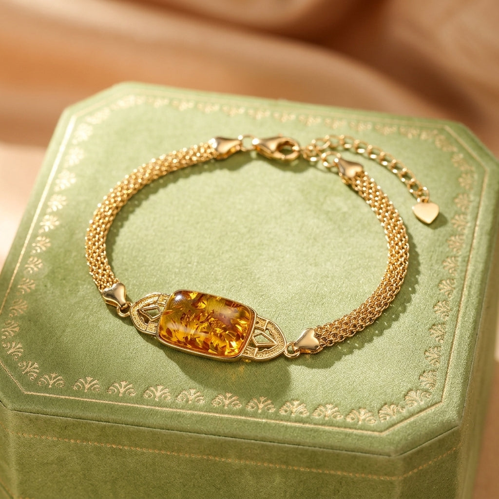 Bracelet Ambre – Feu Ancestral, Argent Plaqué Or