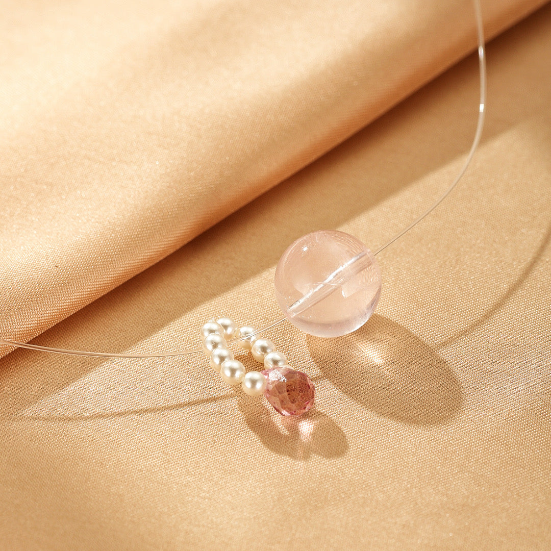 Collier Flottant Quartz Rose et Perle – Éclat Suspendu, Argent