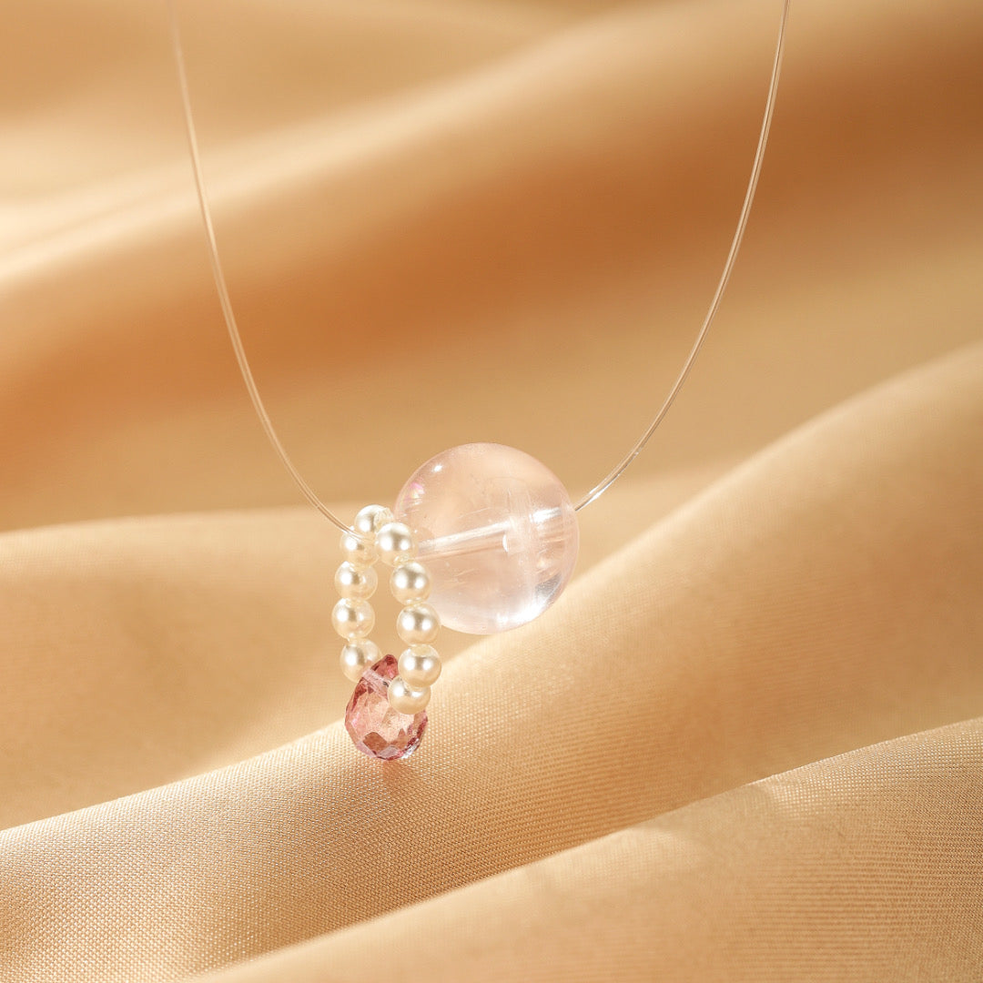 Collier Flottant Quartz Rose et Perle – Éclat Suspendu, Argent