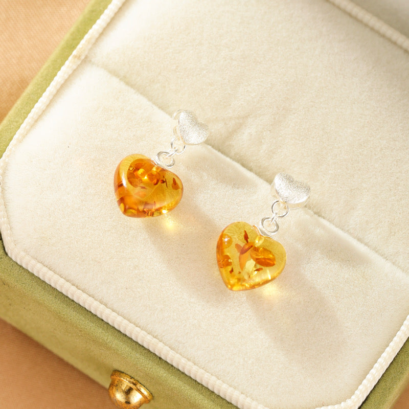 Boucles d'Oreilles Ambre – Cœur Solaire, Argent