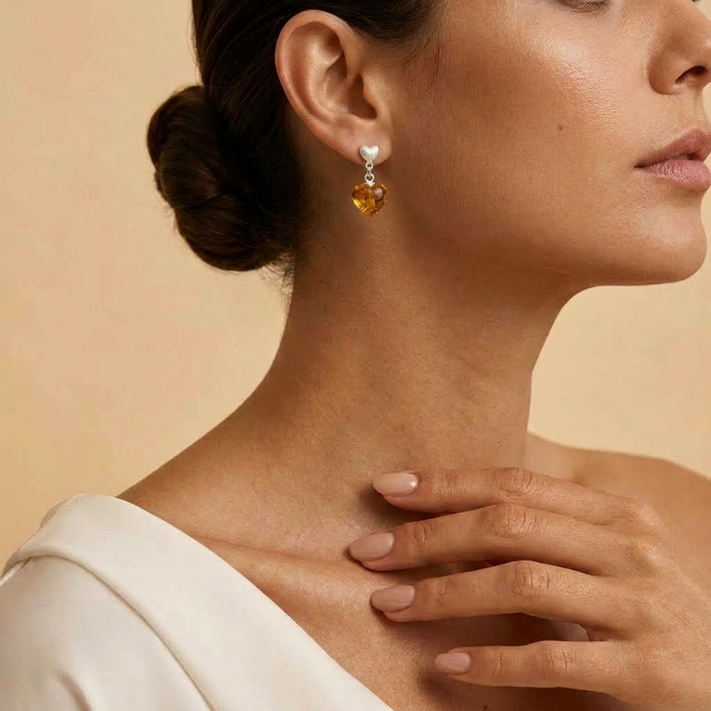 Boucles d'Oreilles Ambre – Cœur Solaire, Argent