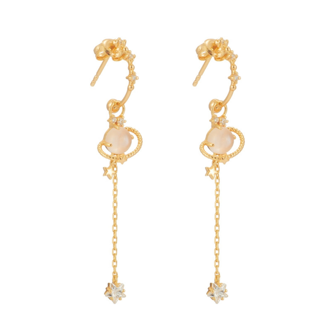 Boucles d’Oreilles Quartz Rose – Galaxie Intérieure, Argent Plaqué Or 14K