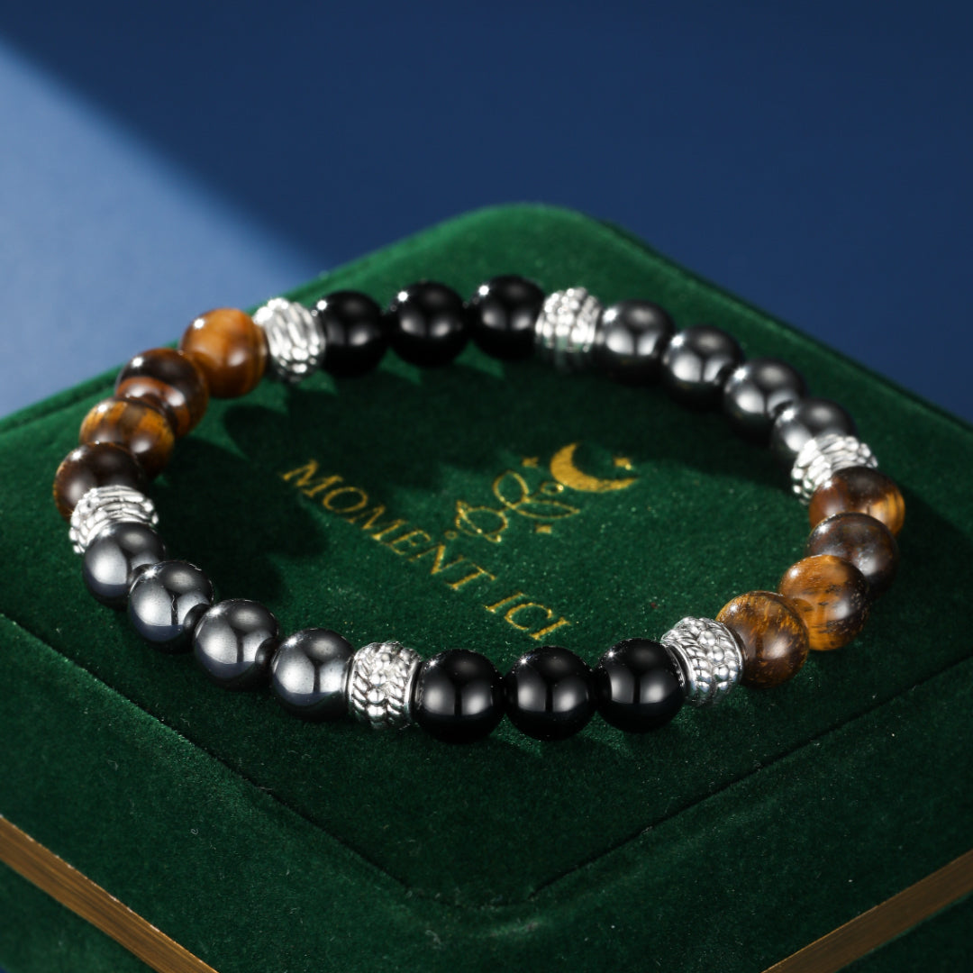 Bracelet Homme Hématite, Œil de Tigre et Obsidienne – Équilibre du Guerrier