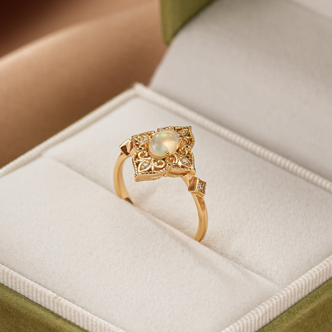 Bague Opale – Lumière Bohème, Argent Plaqué Or 10K