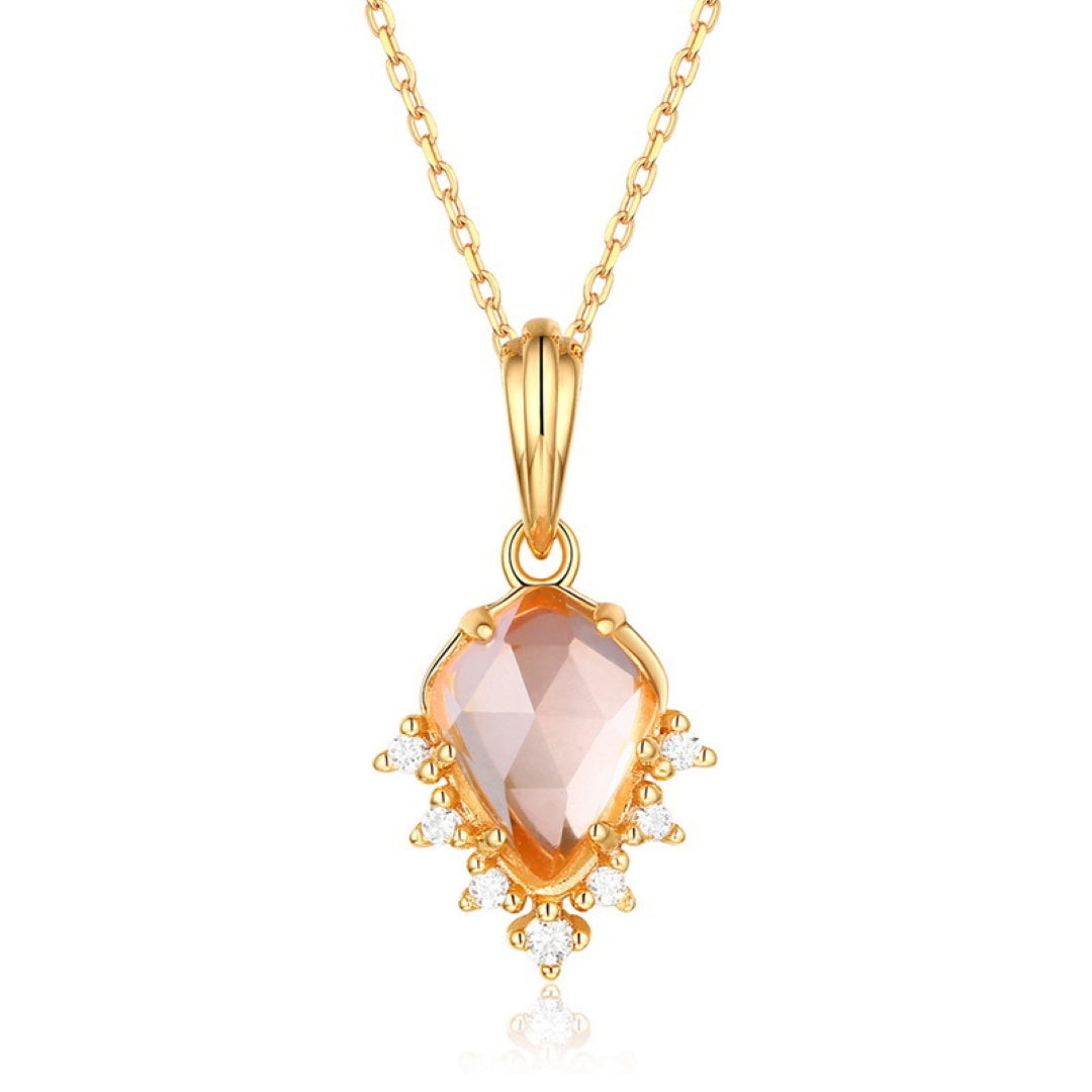 Collier Quartz Rose – Goutte Étoilée, Argent Plaqué Or 9K