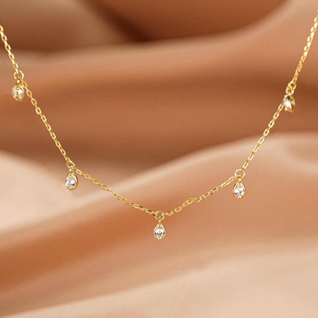 Collier Cristal de Roche – Pluie Dorée, Argent Plaqué Or 14K