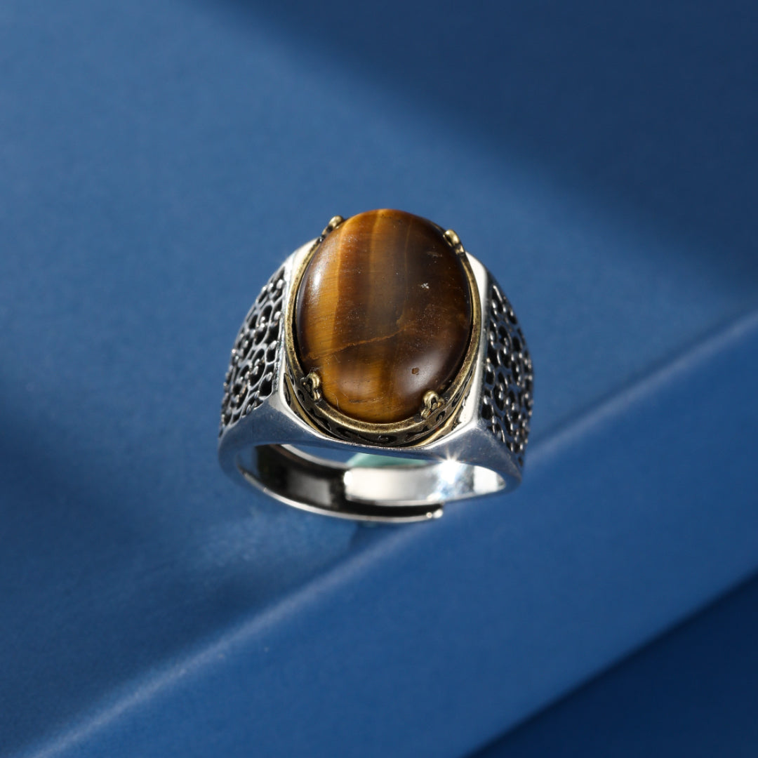 Bague Homme Œil de Tigre – Souverain Magnétique, Argent