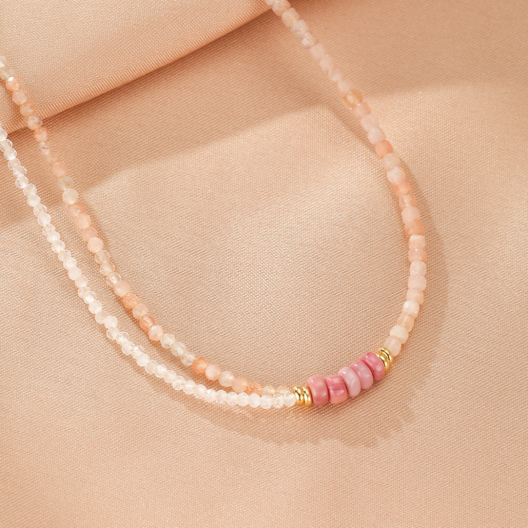 Collier Pierre de Soleil et Cristal de Roche – Aura Pastel