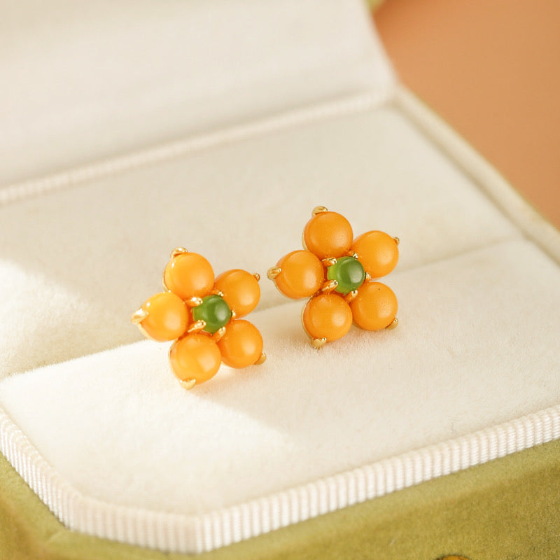 Boucles d'Oreilles Ambre – Fleur Lumineuse, Argent Plaqué Or