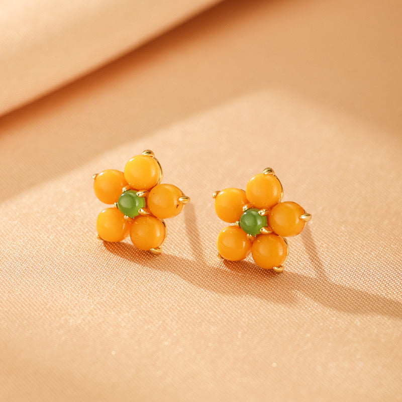 Boucles d'Oreilles Ambre – Fleur Lumineuse, Argent Plaqué Or