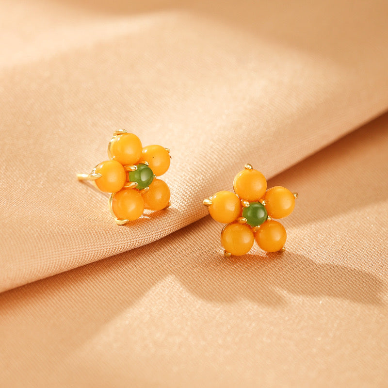 Boucles d'Oreilles Ambre – Fleur Lumineuse, Argent Plaqué Or