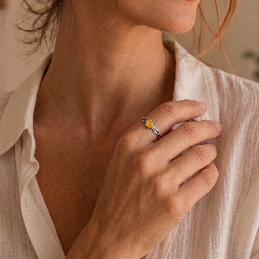 Bague Ambre – Danse de Miel, Argent Plaqué Or