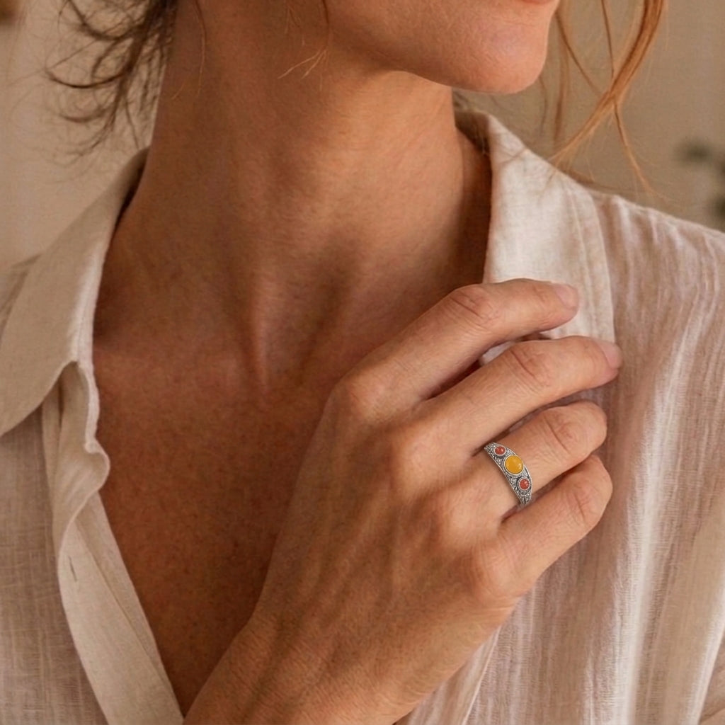 Bague Ambre - Trésor Ancien, Argent Plaqué Or
