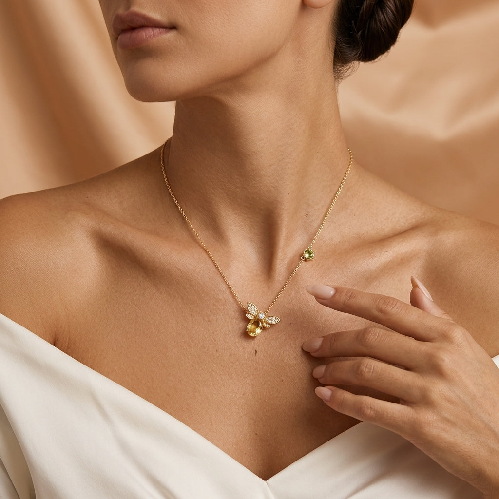 Collier Citrine et Péridot - Vol Lumineux, Argent Plaqué Or