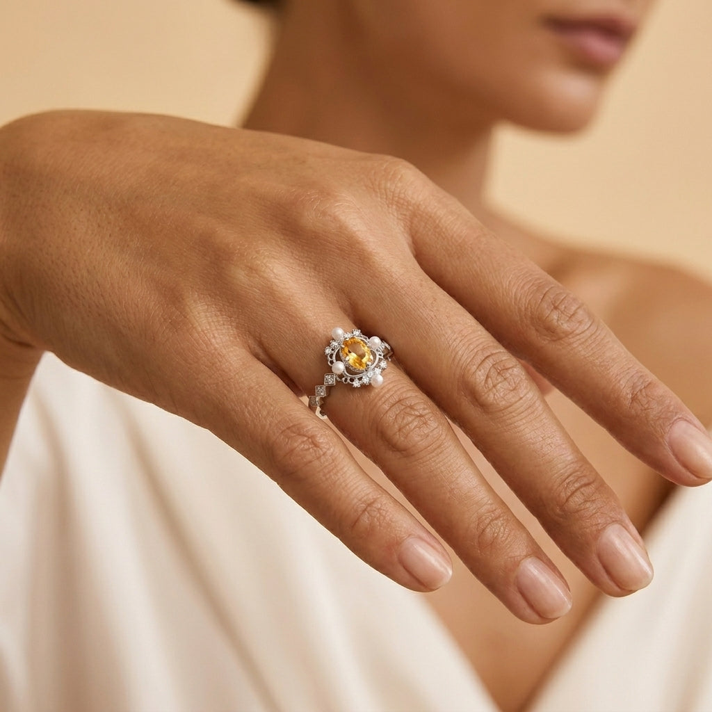 Bague Citrine et Perle – Splendeur Dorée, Argent