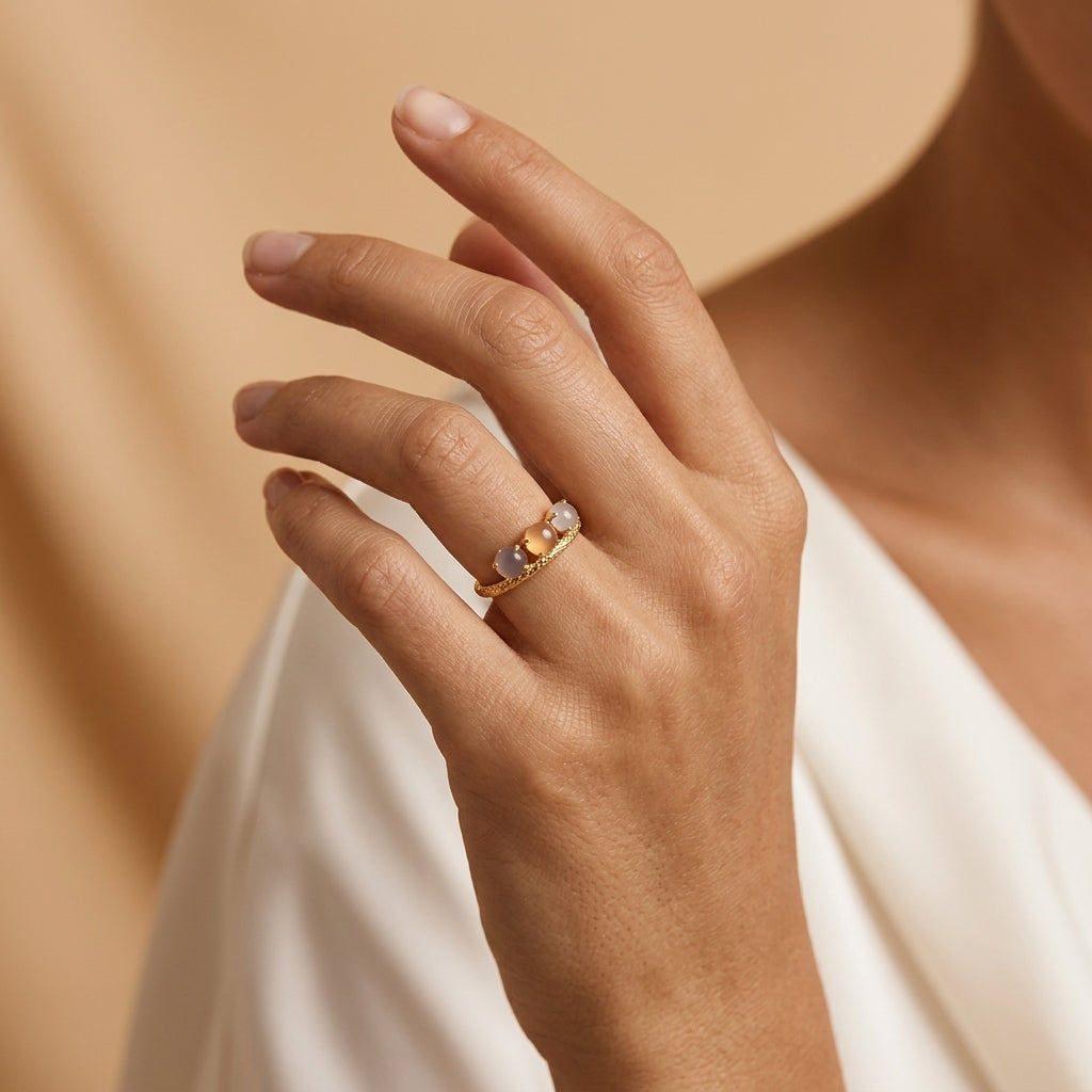 Bague Citrine, Quartz Clair et Quartz Fumé – Énergie de Vie, Argent Plaqué Or