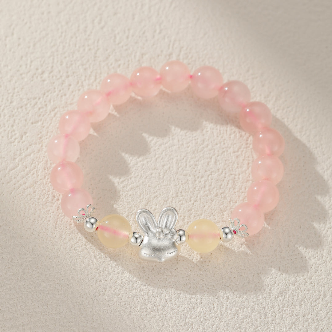 Bracelet Enfant Quartz Rose et Calcédoine Jaune – Douceur Lapin, Argent