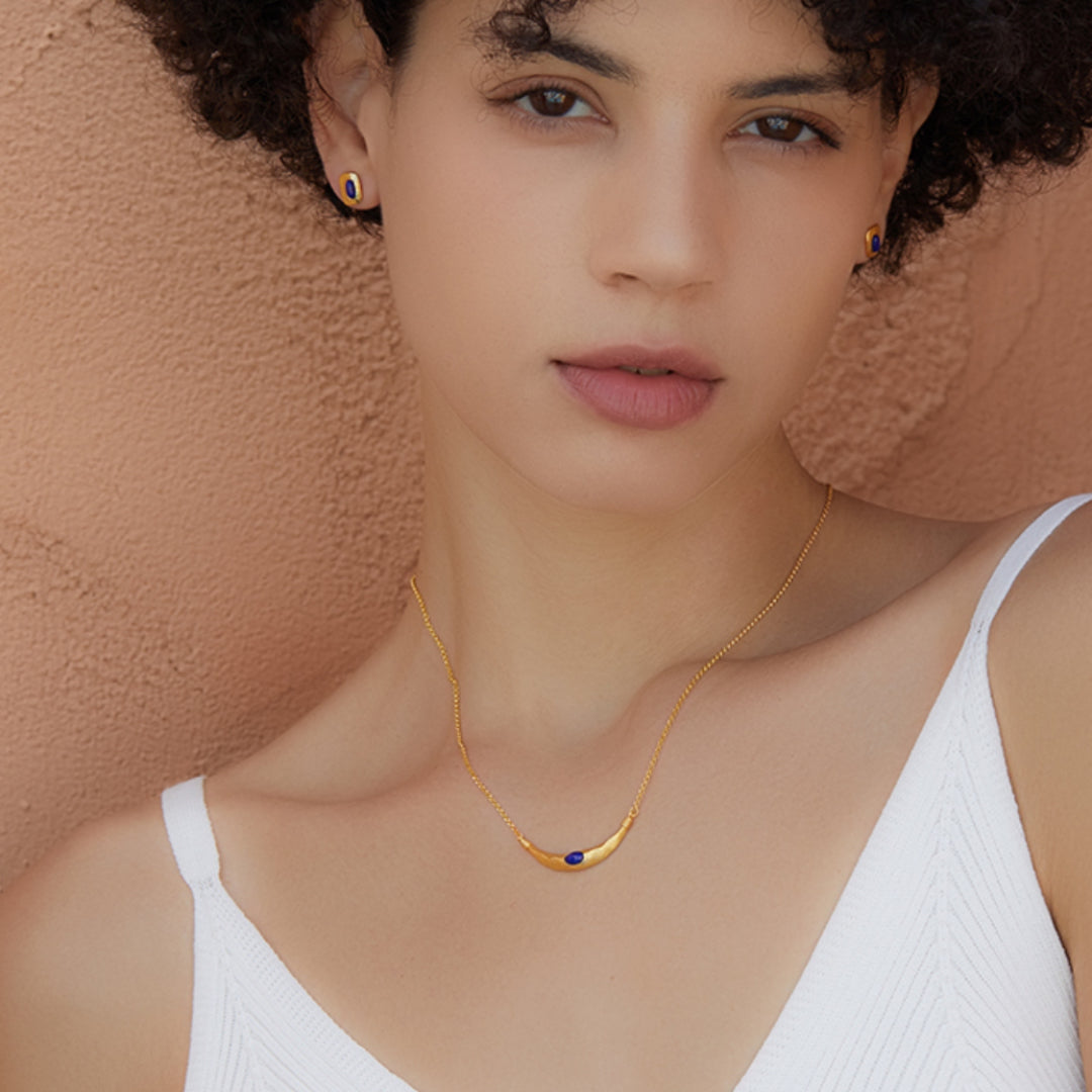 Collier Lapis Lazuli Lune Antique Argent Plaqu Or