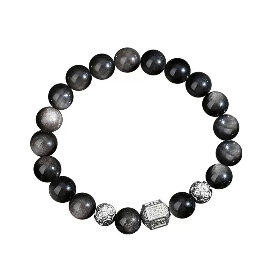 Bracelet Homme Obsidienne – Harmonie Tibétaine, Argent