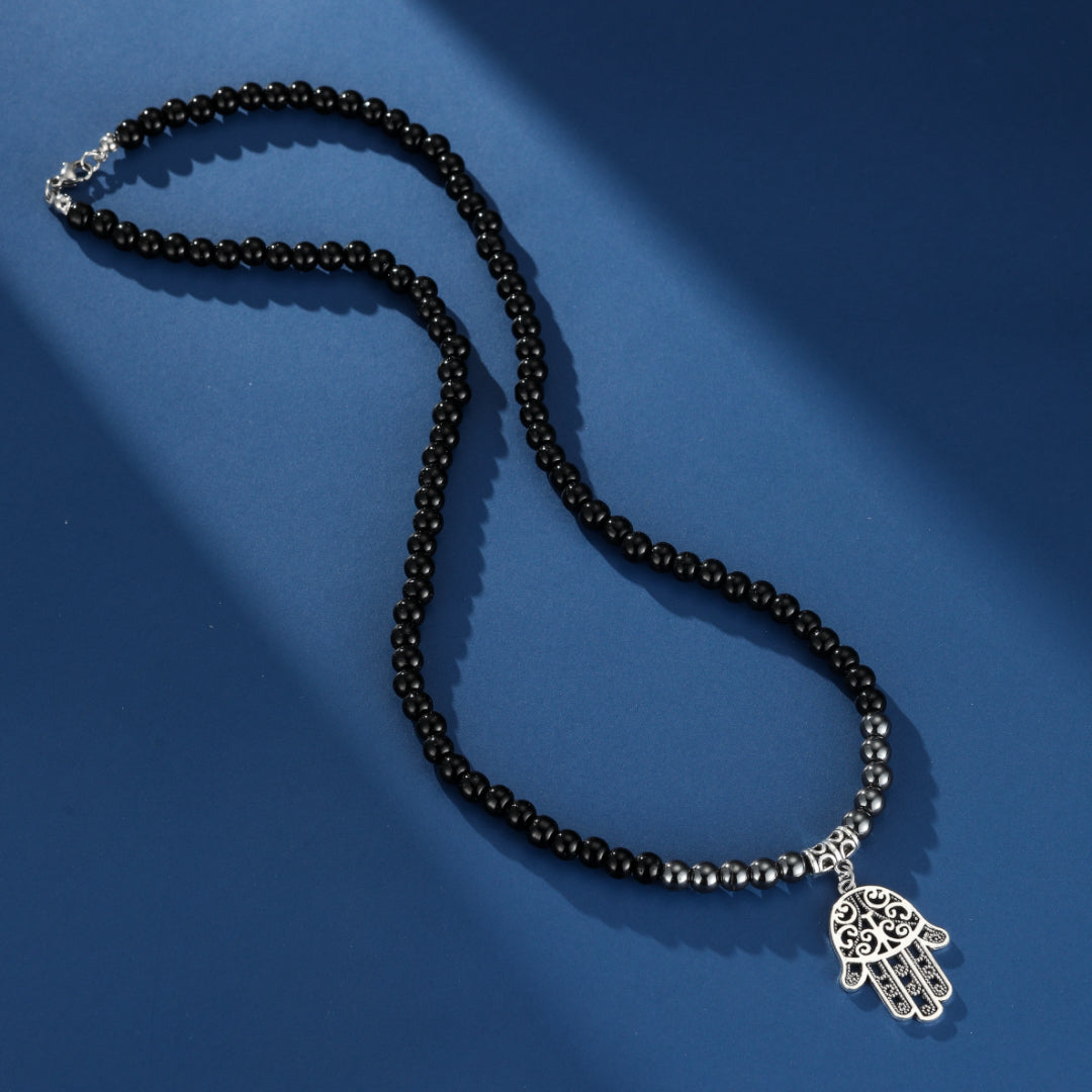 Collier Homme Hématite et Obsidienne – Main Mystique