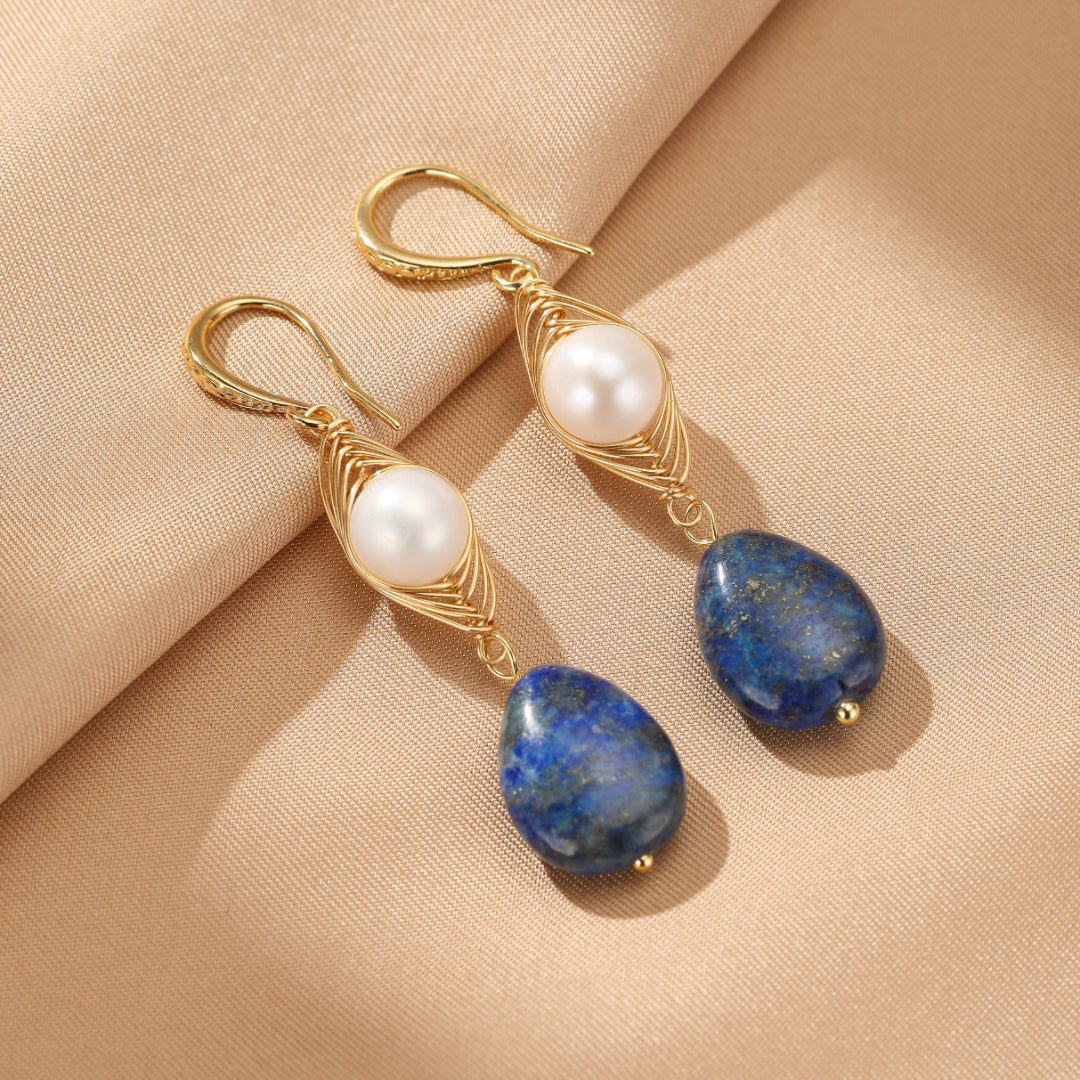 Boucles d'Oreilles Perles et Lapis Lazuli - Blanc et Bleu