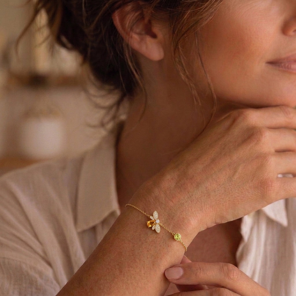 Bracelet Citrine et Péridot - Vol Lumineux, Argent Plaqué Or