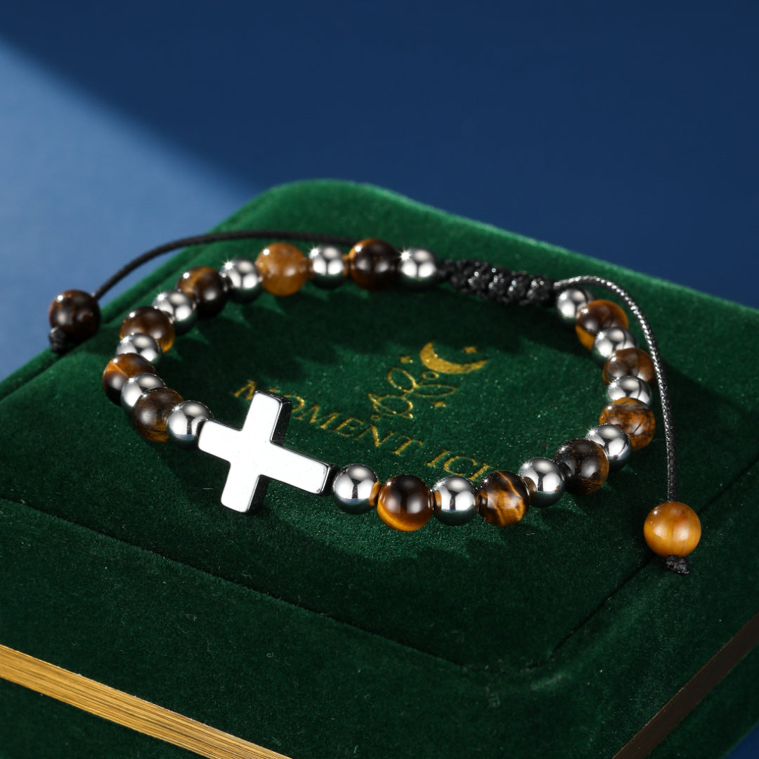 Bracelet Homme Œil de Tigre et Hématite – Croix de Foi