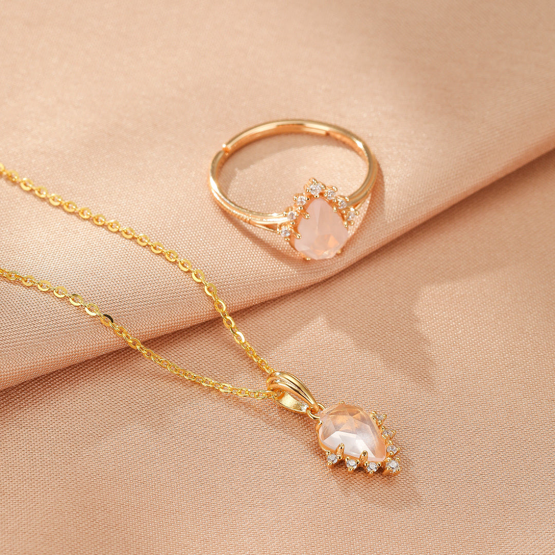 Bague Quartz Rose – Goutte Étoilée, Argent Plaqué Or 9K