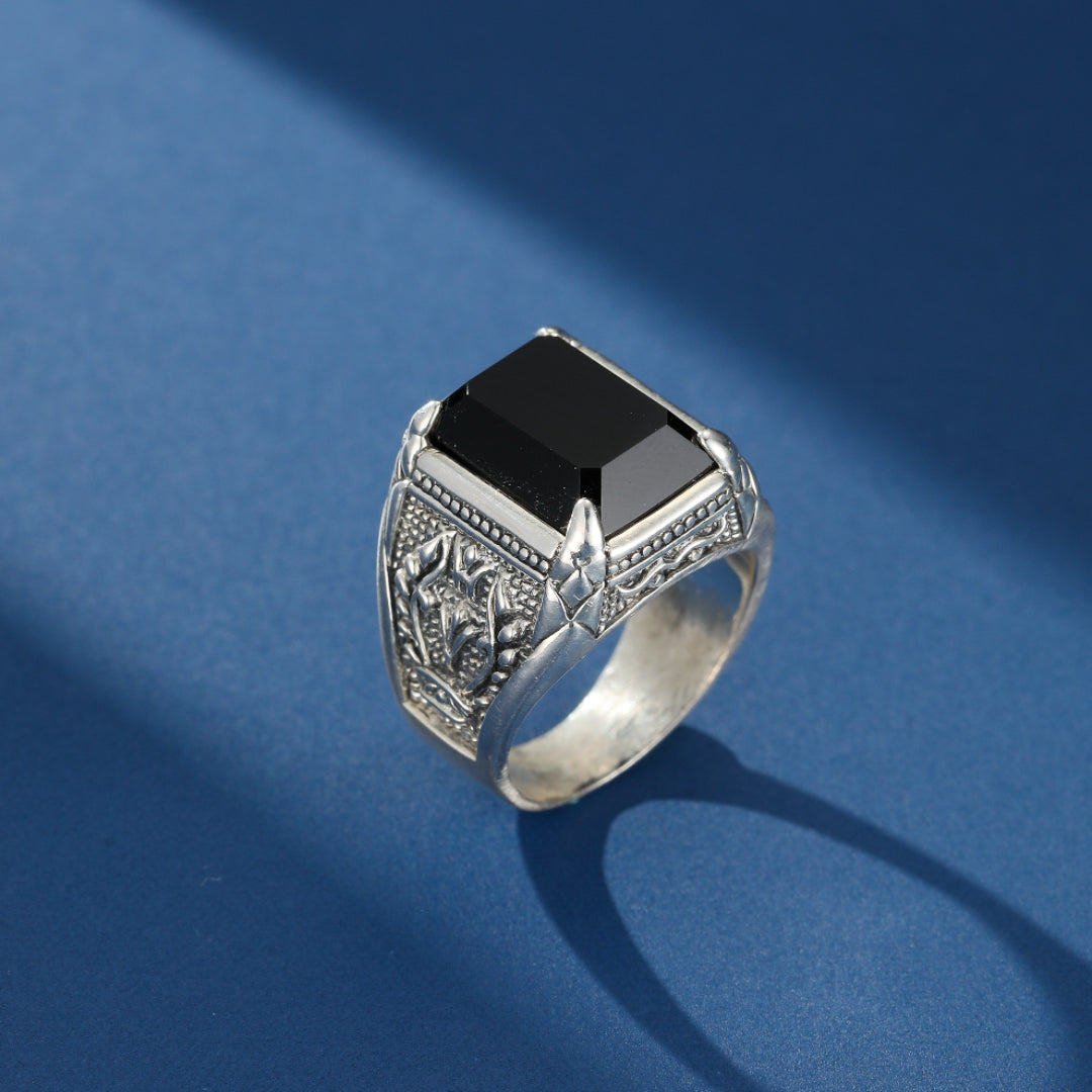 Bague Homme Obsidienne – Sceau Royal, Argent