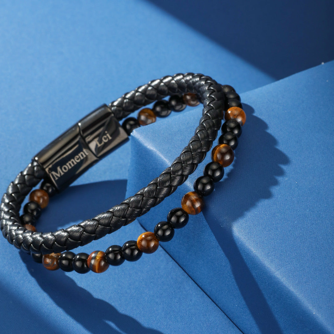 Bracelet Homme Cuir Œil de Tigre ou Pierre de Lave – Triple Force