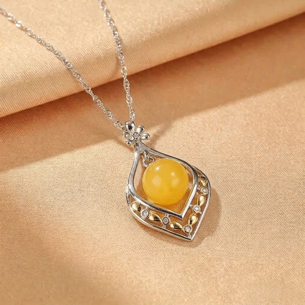 Collier Ambre – Goutte de Soleil, Argent