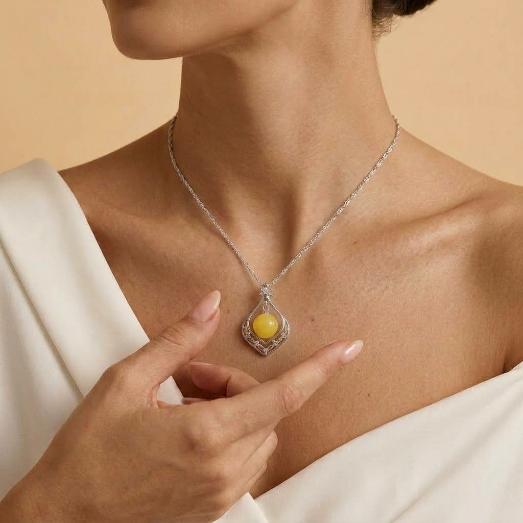 Collier Ambre – Goutte de Soleil, Argent