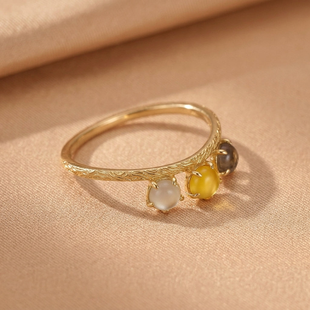 Bague Citrine, Quartz Clair et Quartz Fumé – Énergie de Vie, Argent Plaqué Or