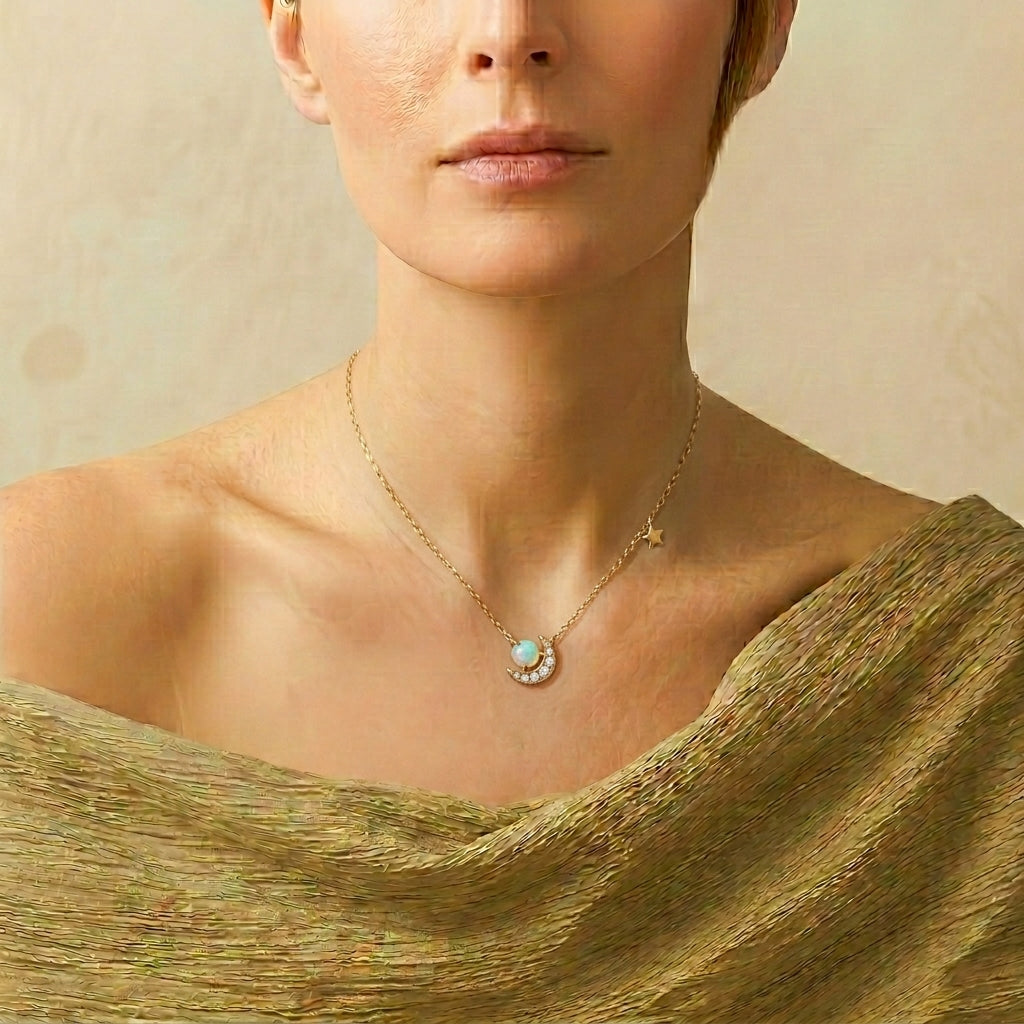 Collier Lune Opale – Douceur Astrale, Argent Plaqué Or