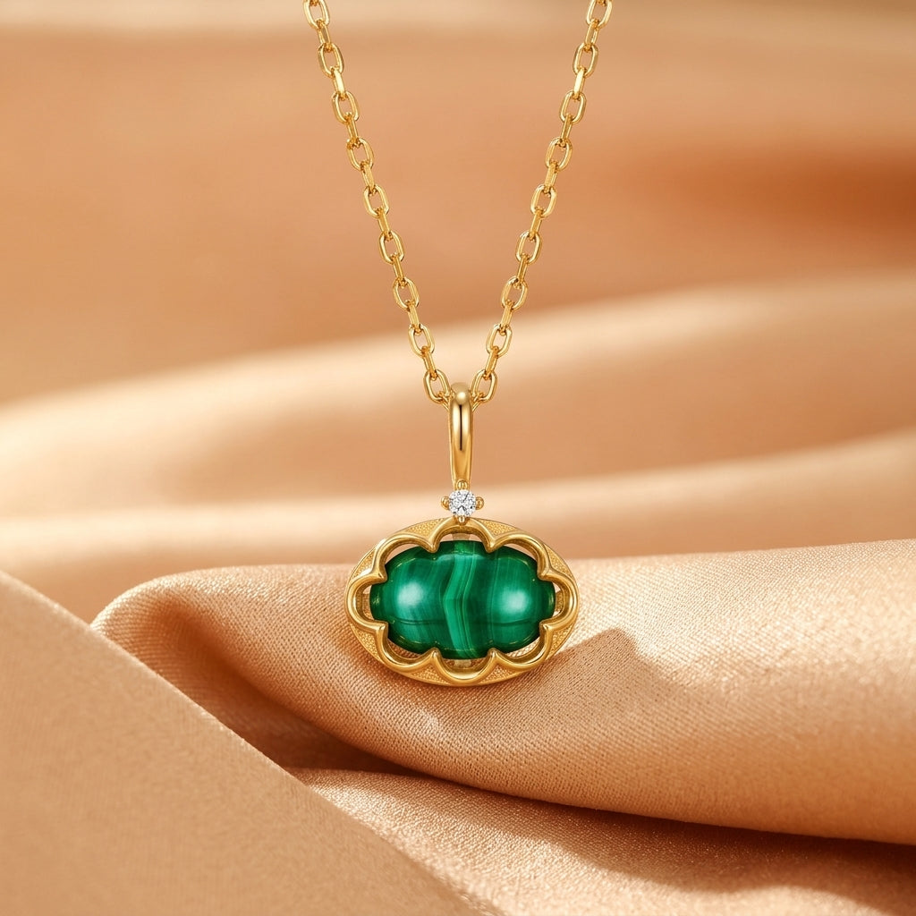 Collier Malachite – Éden Profond, Argent Plaqué Or 10K