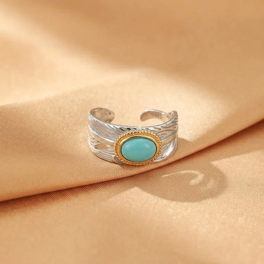 Bague Turquoise – Plume Céleste, Argent et Plaqué Or