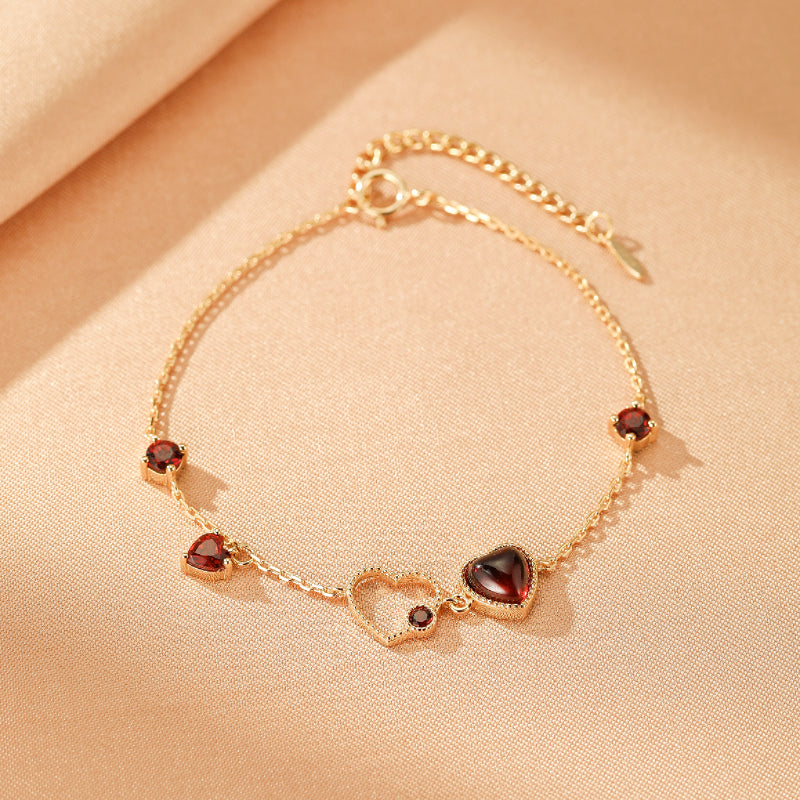 Bracelet Grenat – Cœur Passionné, Argent Plaqué Or 14K