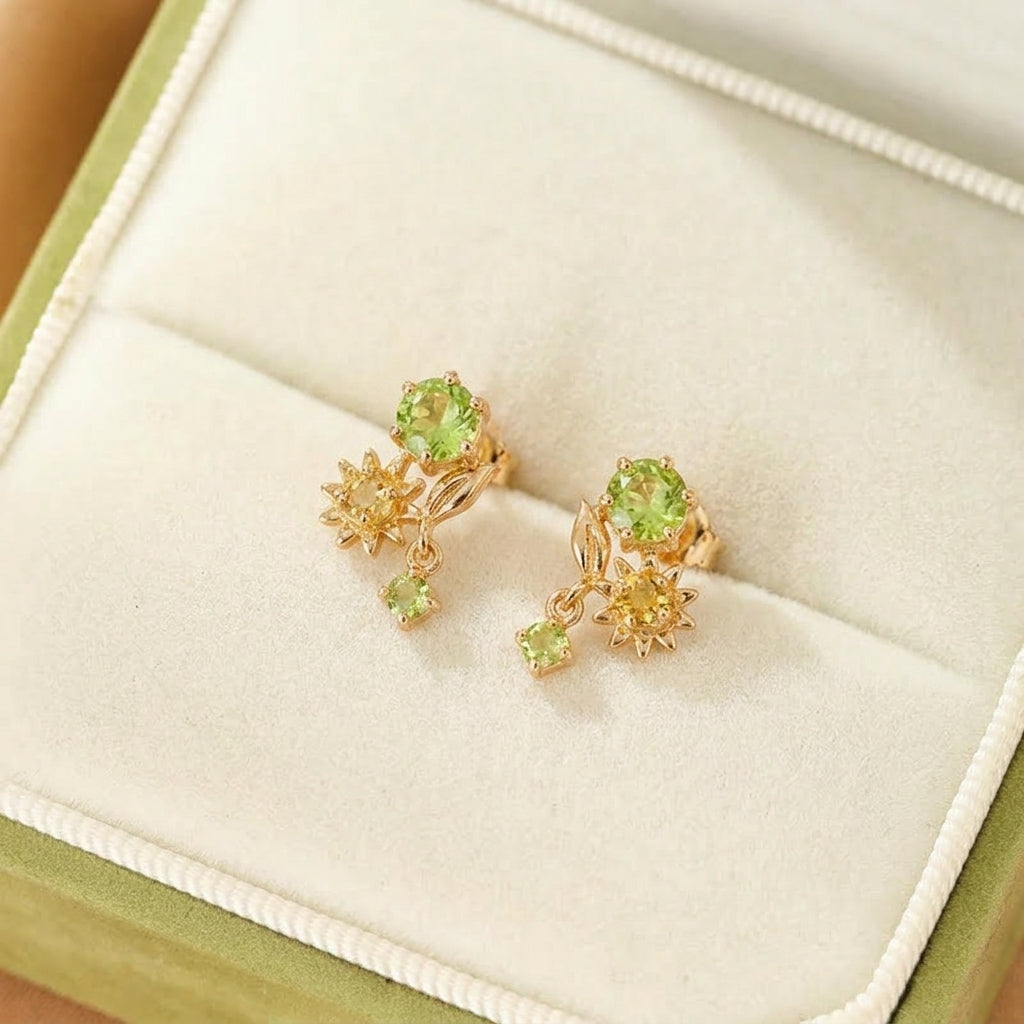 Boucles d'Oreilles Péridot et Citrine – Fleur Ensoleillée, Argent Plaqué Or