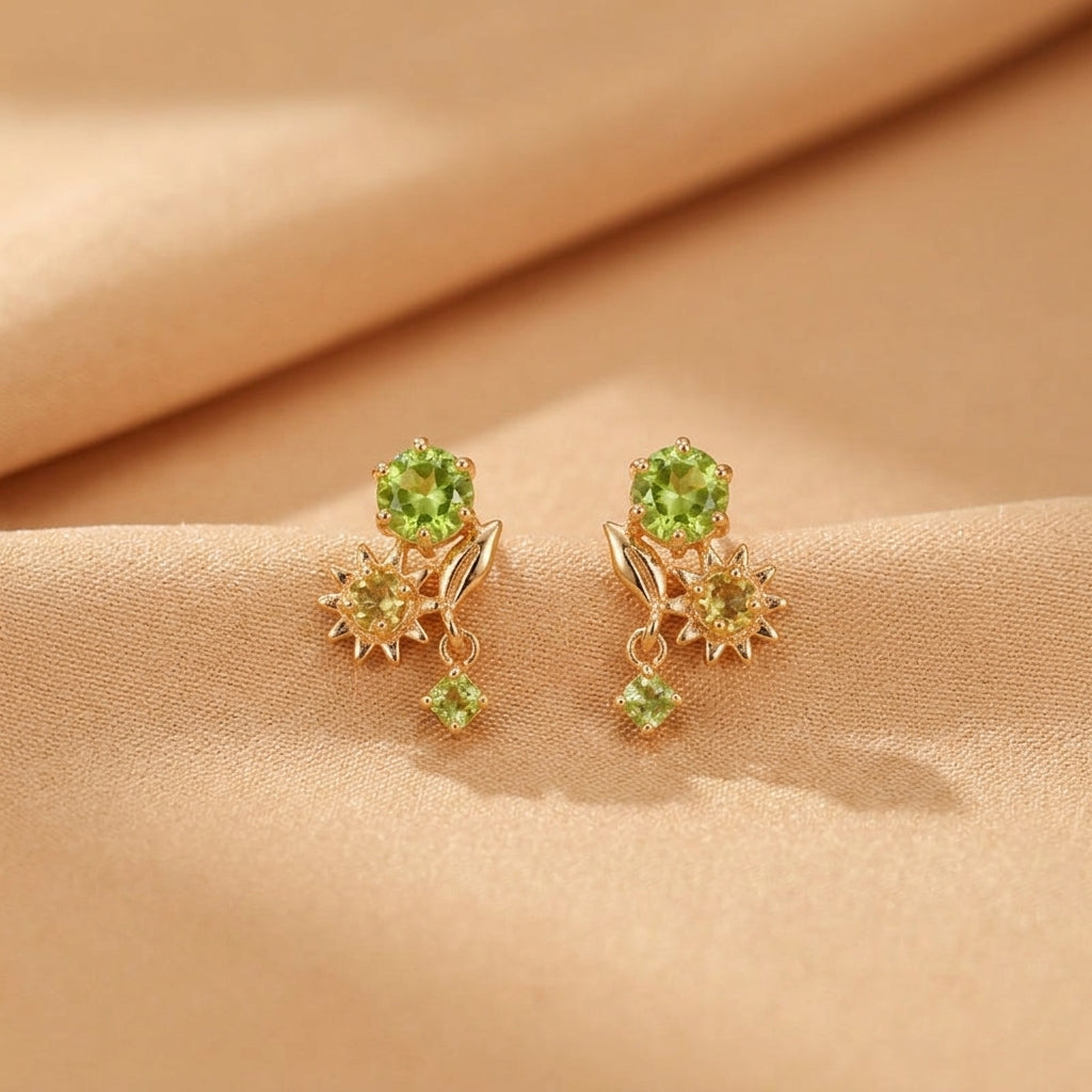 Boucles d'Oreilles Péridot et Citrine – Fleur Ensoleillée, Argent Plaqué Or
