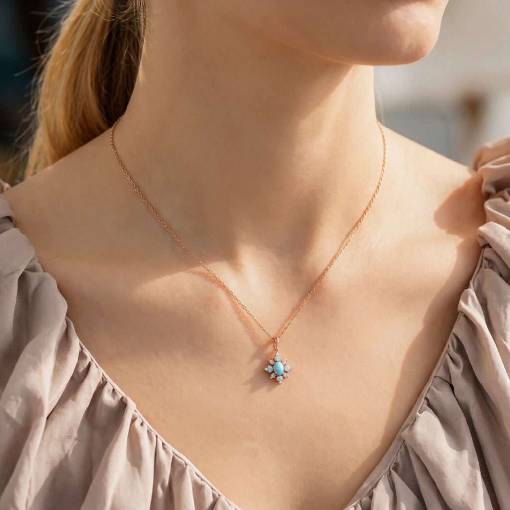 Collier Turquoise et Opale – Lagon Mystique, Argent Plaqué Or