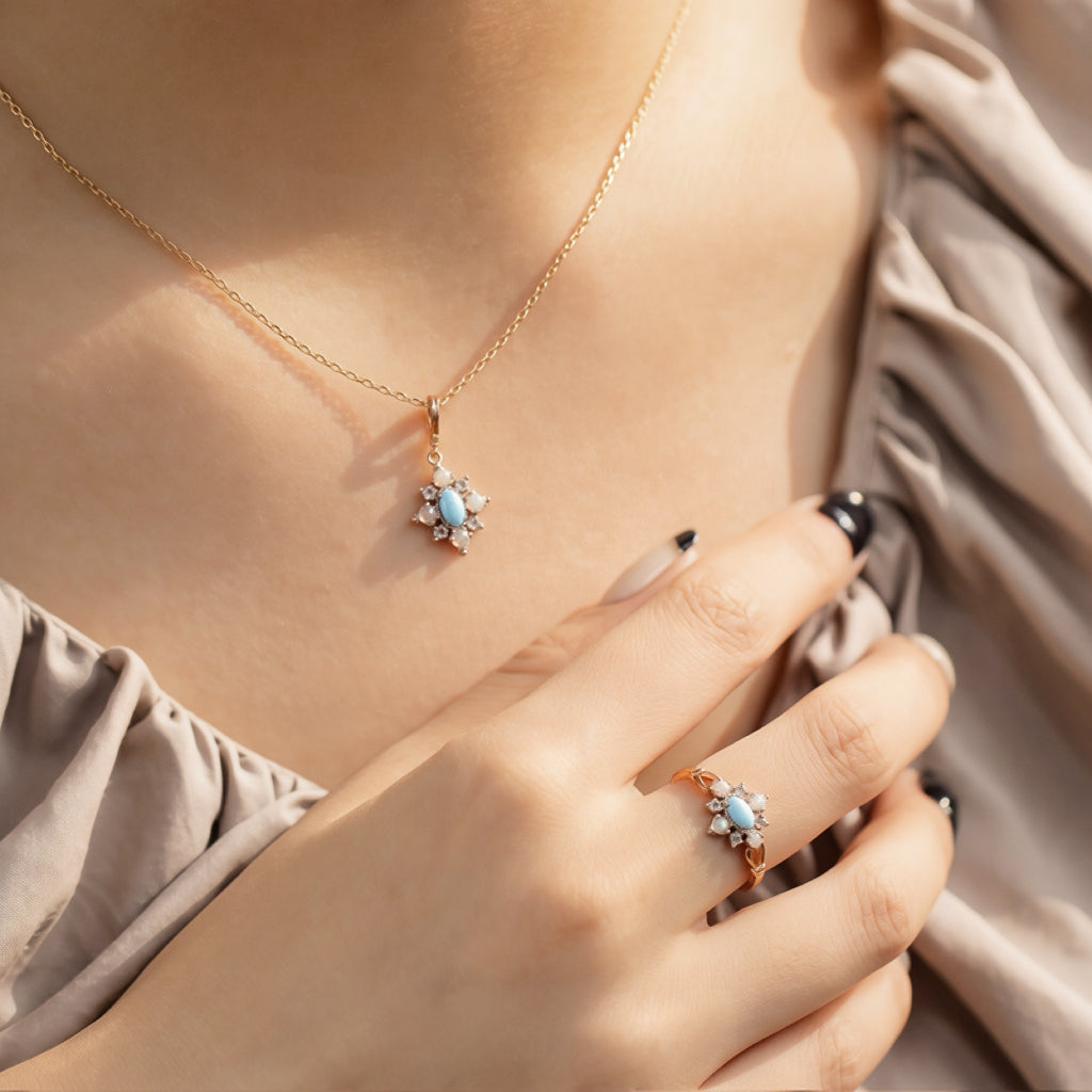Collier Turquoise et Opale – Lagon Mystique, Argent Plaqué Or